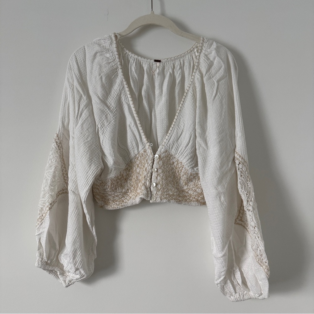 Free People White Lace Trim Cropped Blouse